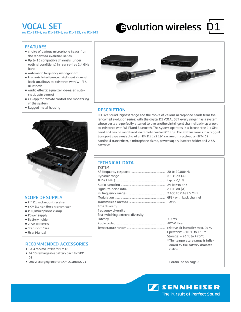 Sennheiser ew D1-845-S Specification Sennheiser ew D1-845-S Specification