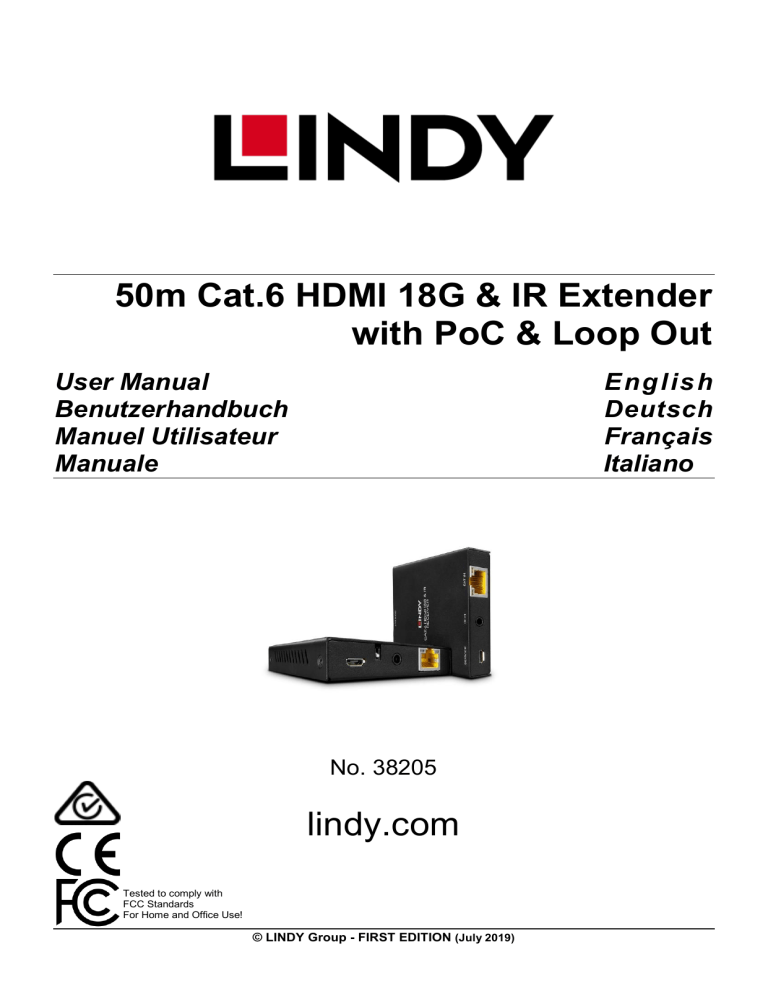 Lindy 50m Cat.6 HDMI 18G & IR Extender User manual Lindy 50m Cat.6 HDMI 18G & IR Extender User manual