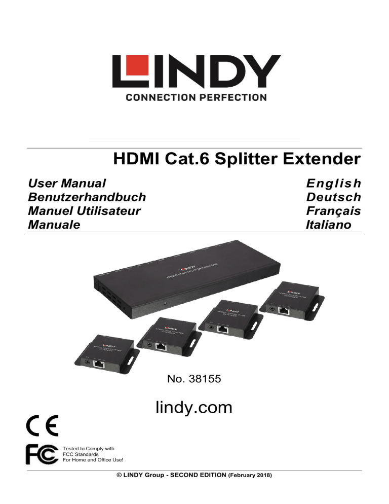Lindy 50m Cat.6 4 Port HDMI & IR Splitter Extender User manual Lindy 50m Cat.6 4 Port HDMI & IR Splitter Extender User manual