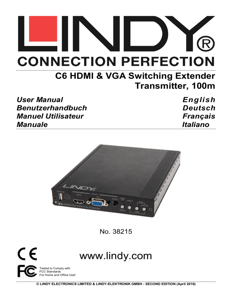 Lindy 100m HDBaseT C6 HDMI/VGA Switching Extender Transmitter User manual Lindy 100m HDBaseT C6 HDMI/VGA Switching Extender Transmitter User manual