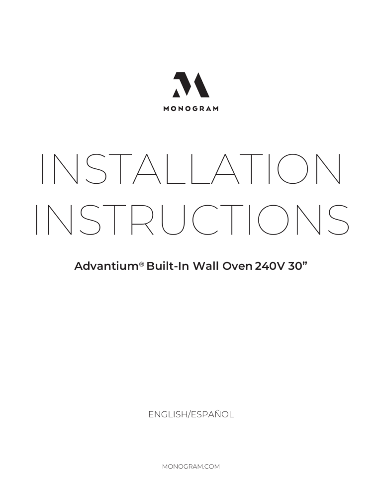 Monogram ZSB9231NSS Installation guide Monogram ZSB9231NSS Installation guide