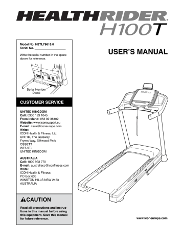 HealthRider HETL79615 H100T, endurance S7.5 PETL79715.0 User manual HealthRider HETL79615 H100T, endurance S7.5 PETL79715.0 User manual