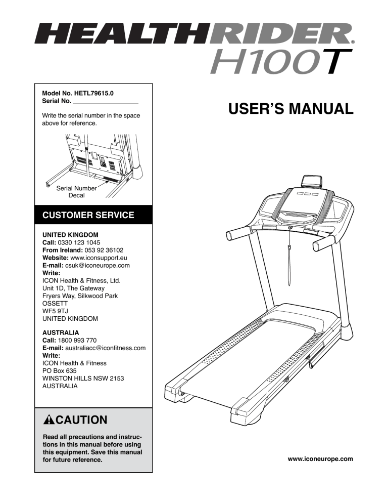 HealthRider HETL79615 H100T User manual HealthRider HETL79615 H100T User manual