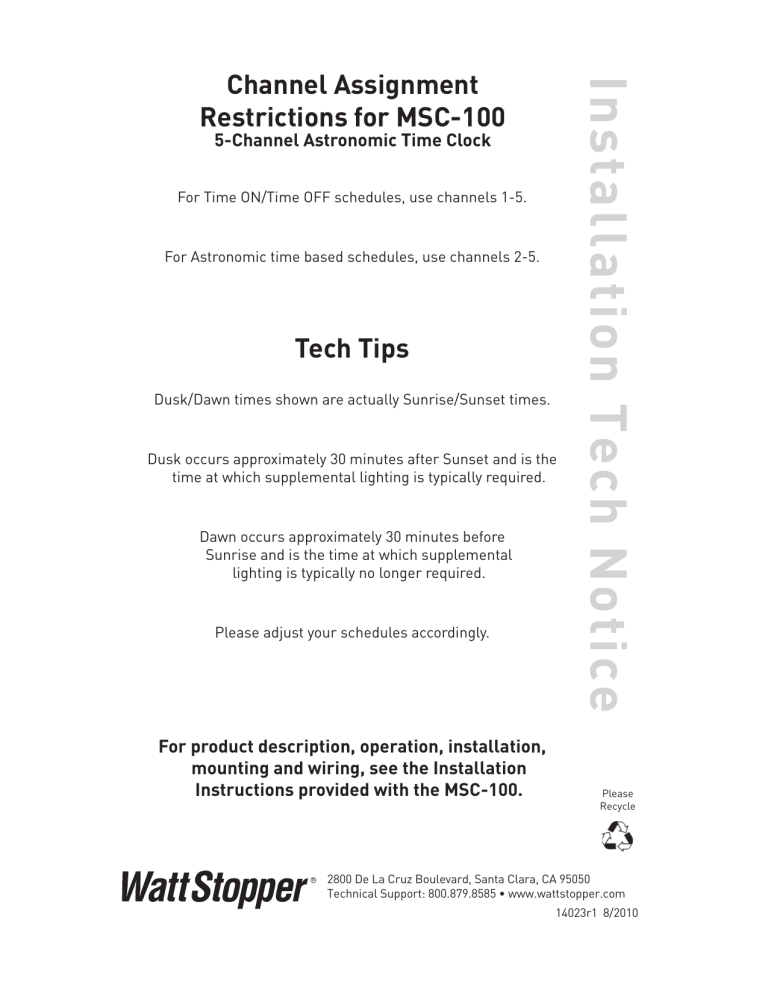 Legrand MSC-100: TECH TIPS: Channel Assignment Restrictions for MSC-100 5-Channel Astronomic Time Clock Installation guide Legrand MSC-100: TECH TIPS: Channel Assignment Restrictions for MSC-100 5-Channel Astronomic Time Clock Installation guide