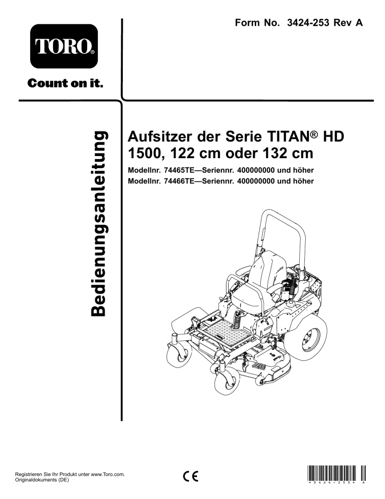 Toro 132cm TITAN HD 1500 Series Riding Mower User manual Toro 132cm TITAN HD 1500 Series Riding Mower User manual