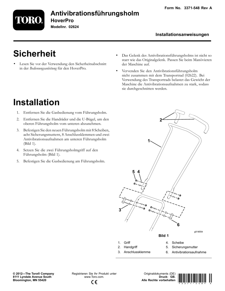 Toro Anti-Vibration Handlebar Kit, HoverPro Machine Installation guide Toro Anti-Vibration Handlebar Kit, HoverPro Machine Installation guide