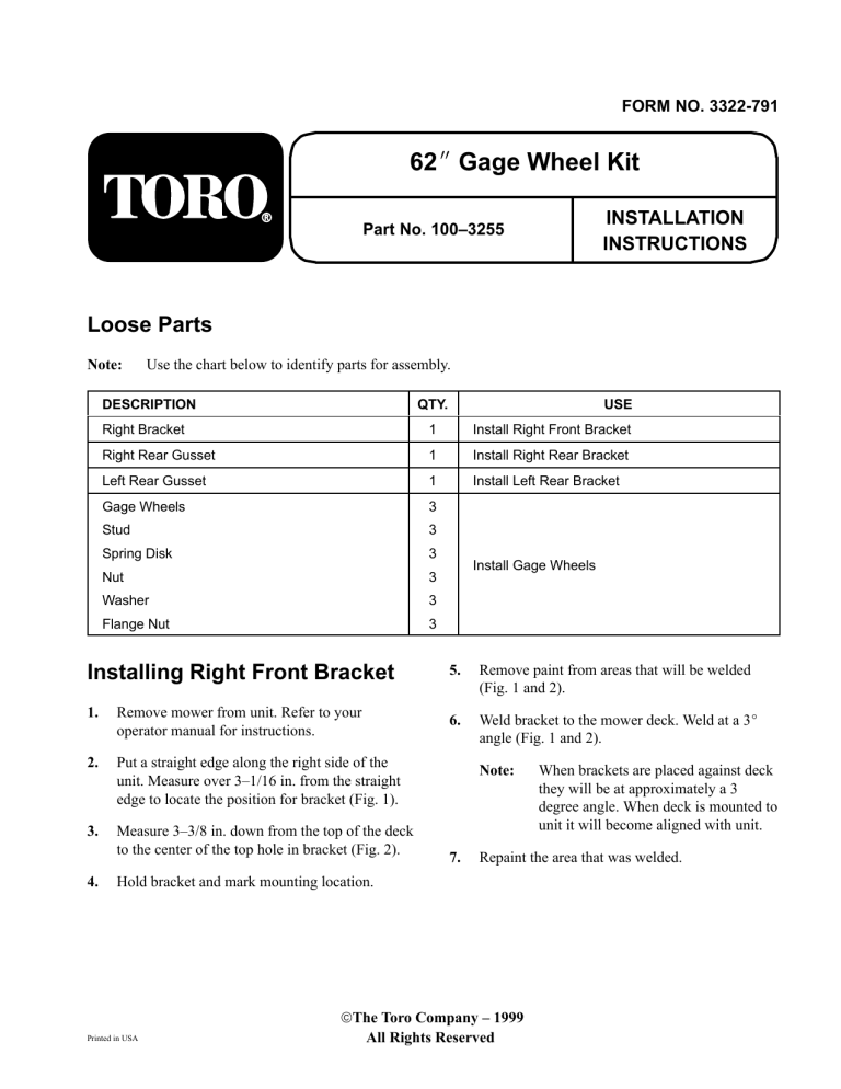 Toro Caster Upgrade Kit, 62 Toro Caster Upgrade Kit, 62