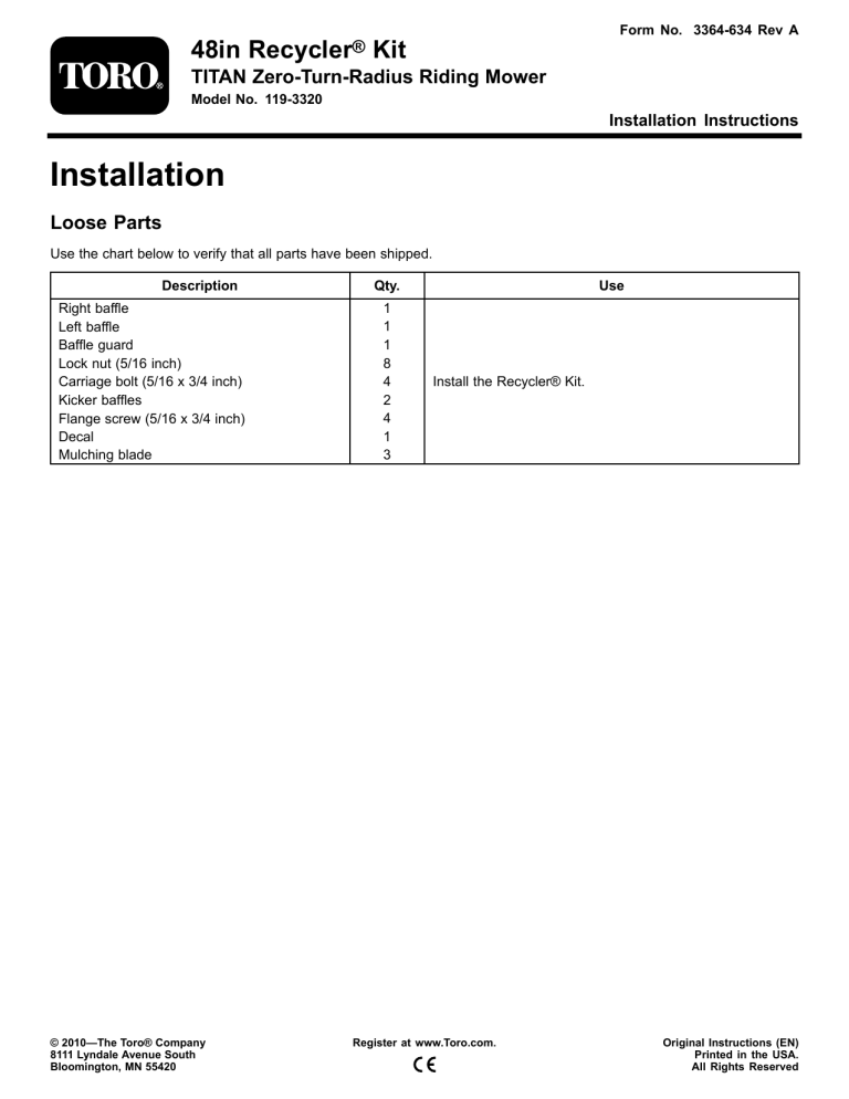 Toro 48in Recycler Kit, TITAN Zero-Turn-Radius Riding Mower Installation guide Toro 48in Recycler Kit, TITAN Zero-Turn-Radius Riding Mower Installation guide