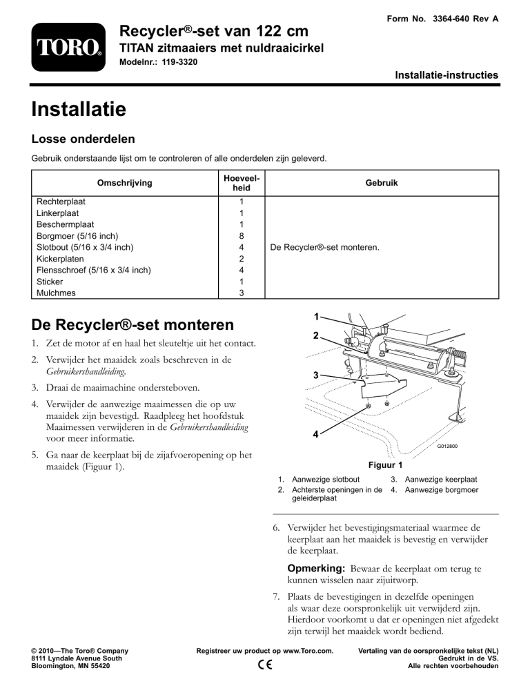 Toro 48in Recycler Kit, TITAN Zero-Turn-Radius Riding Mower Installation guide Toro 48in Recycler Kit, TITAN Zero-Turn-Radius Riding Mower Installation guide