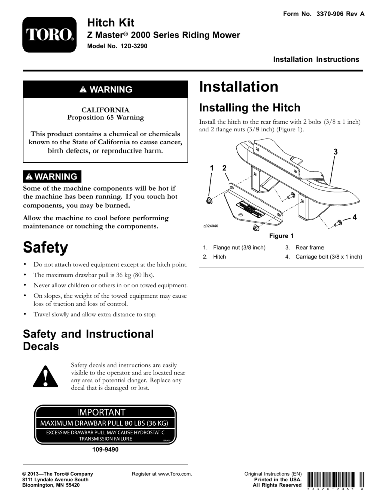 Toro Hitch Kit, Z Master 2000 Series Riding Mower Installation guide Toro Hitch Kit, Z Master 2000 Series Riding Mower Installation guide