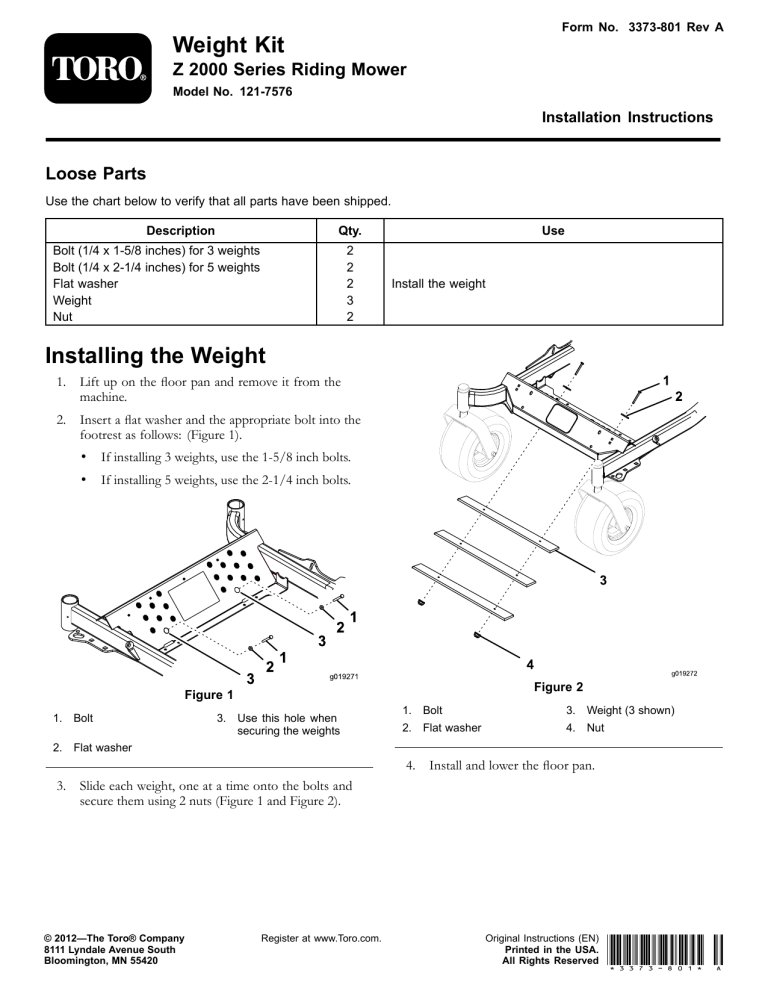 Toro Weight Kit, Z 2000 Series Riding Mower Installation guide Toro Weight Kit, Z 2000 Series Riding Mower Installation guide