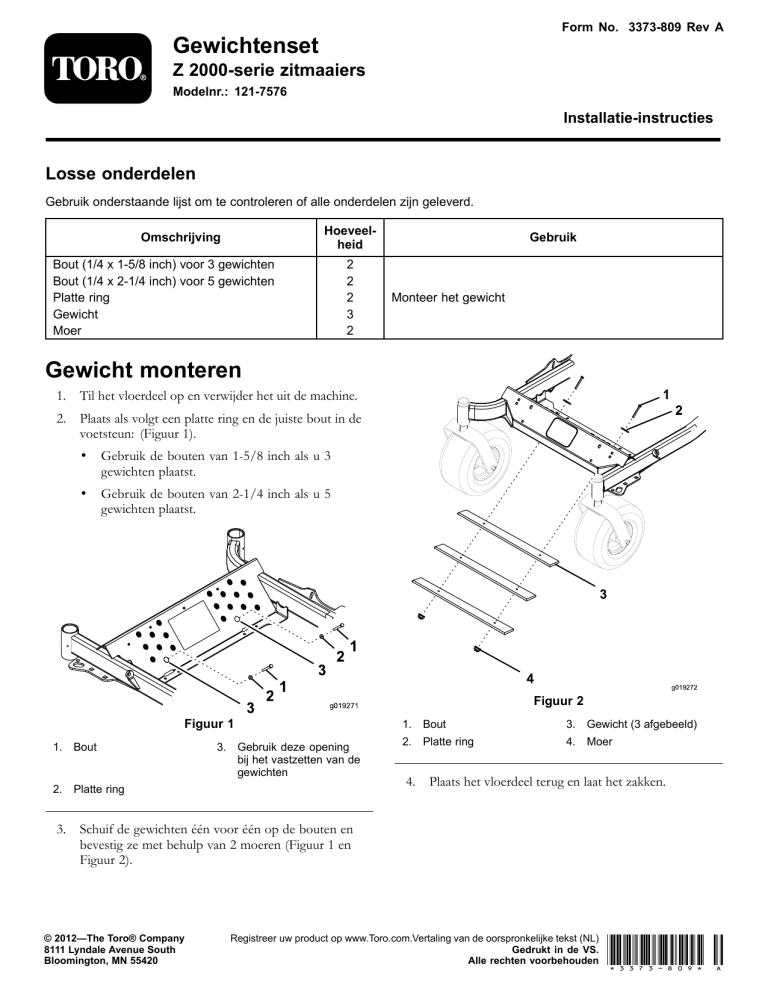 Toro Weight Kit, Z 2000 Series Riding Mower Installation guide Toro Weight Kit, Z 2000 Series Riding Mower Installation guide