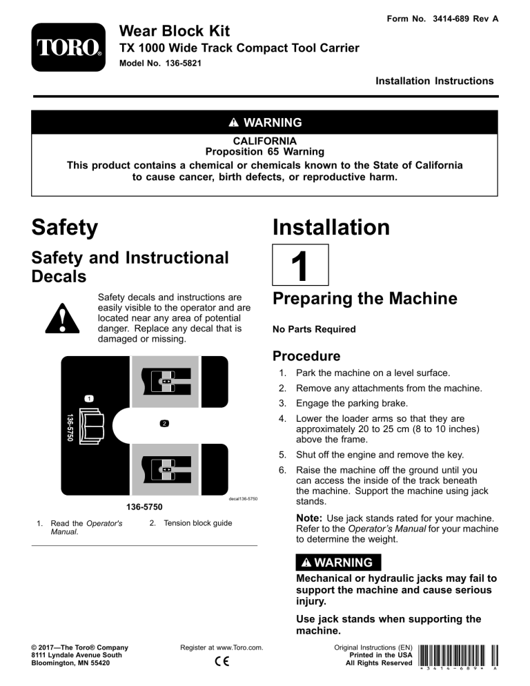 Toro Wear Block Kit, TX 1000 Wide Track Compact Tool Carrier Installation guide Toro Wear Block Kit, TX 1000 Wide Track Compact Tool Carrier Installation guide