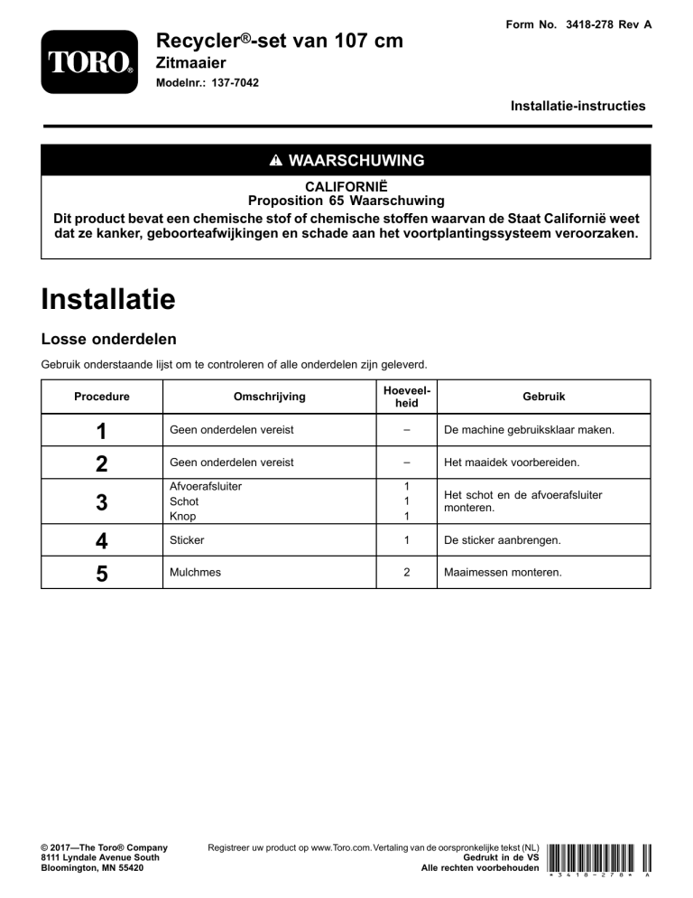 Toro 42in Recycler Kit, Riding Mower Installation guide Toro 42in Recycler Kit, Riding Mower Installation guide