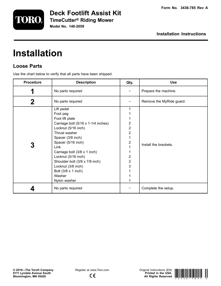Toro Deck Footlift Assist Kit, TimeCutter Riding Mower Installation guide Toro Deck Footlift Assist Kit, TimeCutter Riding Mower Installation guide