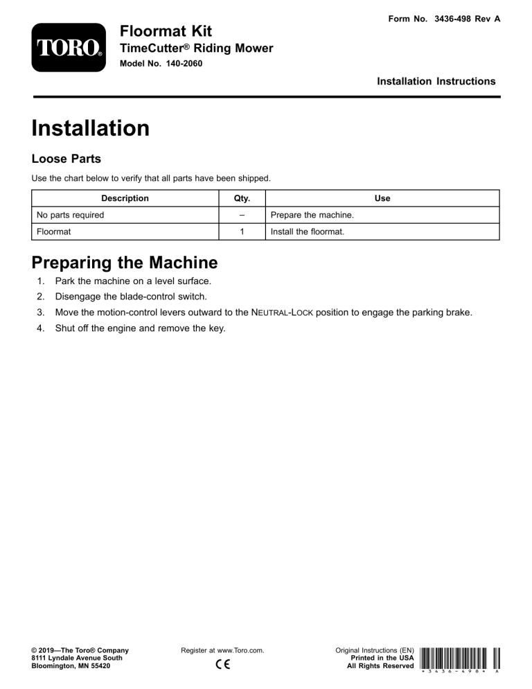 Toro Floormat Kit, TimeCutter Riding Mower Installation guide Toro Floormat Kit, TimeCutter Riding Mower Installation guide
