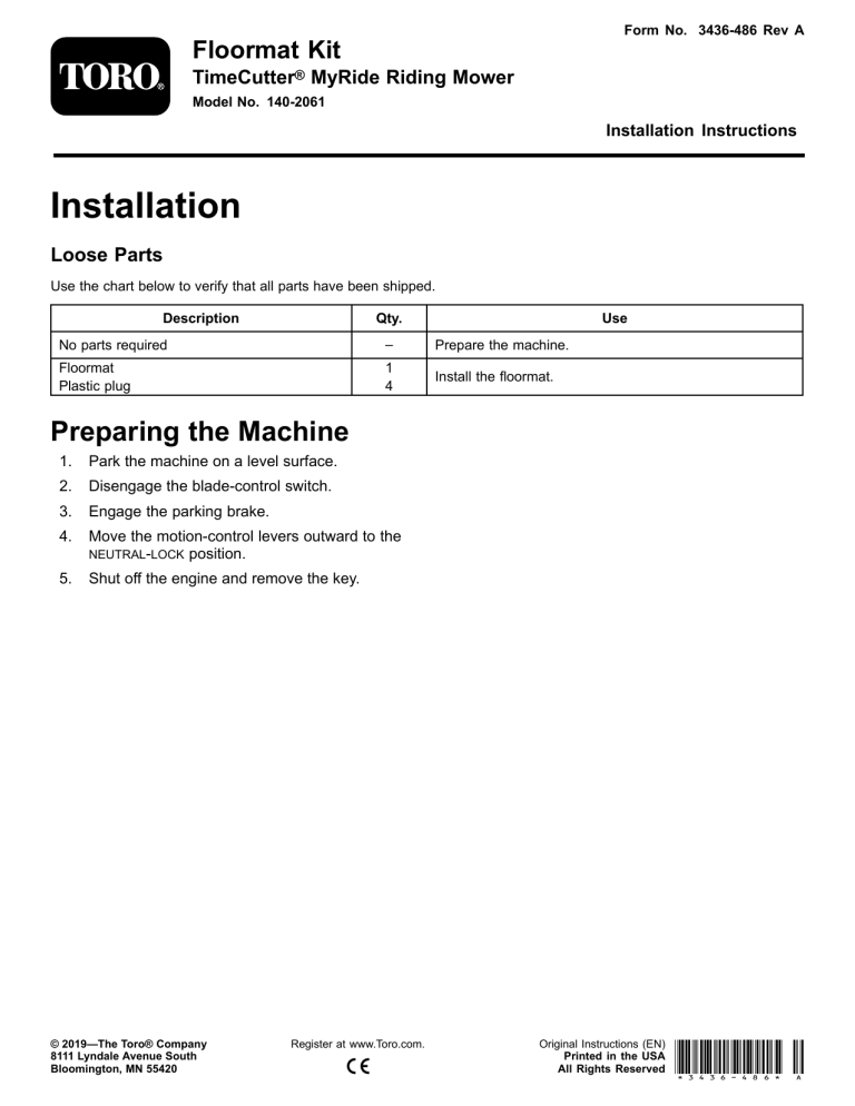 Toro Floormat Kit, TimeCutter MyRide Riding Mower Installation guide Toro Floormat Kit, TimeCutter MyRide Riding Mower Installation guide