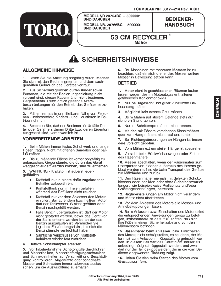 Toro 53cm Recycler Mower User manual Toro 53cm Recycler Mower User manual
