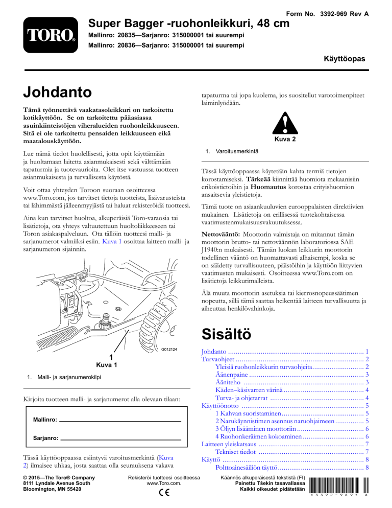 Toro 48cm Super Bagger Lawn Mower User manual Toro 48cm Super Bagger Lawn Mower User manual