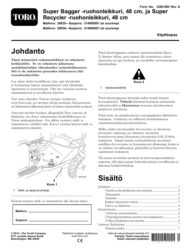 Toro 48cm Super Recycler Lawn Mower, 48cm Super Bagger Lawn Mower User manual Toro 48cm Super Recycler Lawn Mower, 48cm Super Bagger Lawn Mower User manual