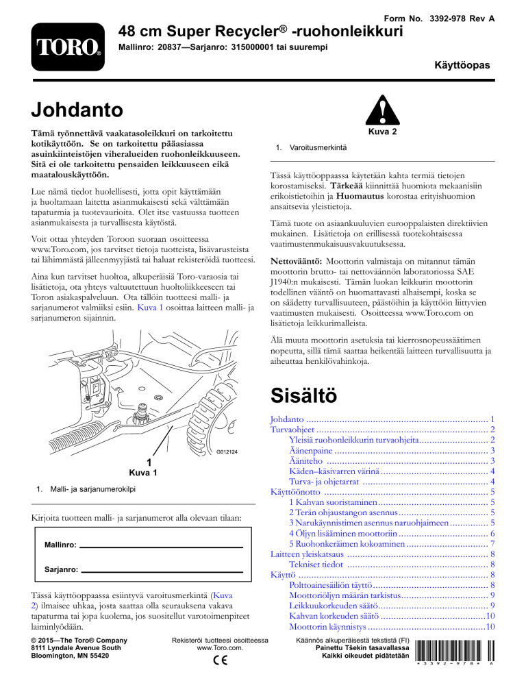 Toro 48cm Super Recycler Lawn Mower User manual Toro 48cm Super Recycler Lawn Mower User manual