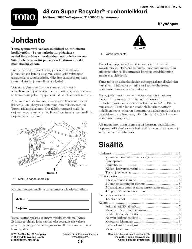 Toro 48cm Super Recycler Lawn Mower User manual Toro 48cm Super Recycler Lawn Mower User manual