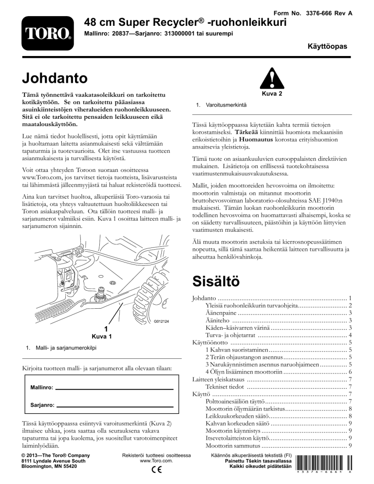 Toro 48cm Super Recycler Lawn Mower User manual Toro 48cm Super Recycler Lawn Mower User manual