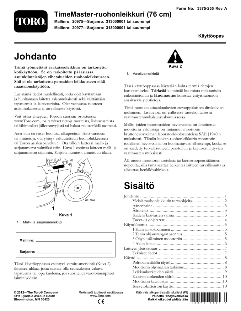 Toro TimeMaster 76cm Lawn Mower User manual Toro TimeMaster 76cm Lawn Mower User manual