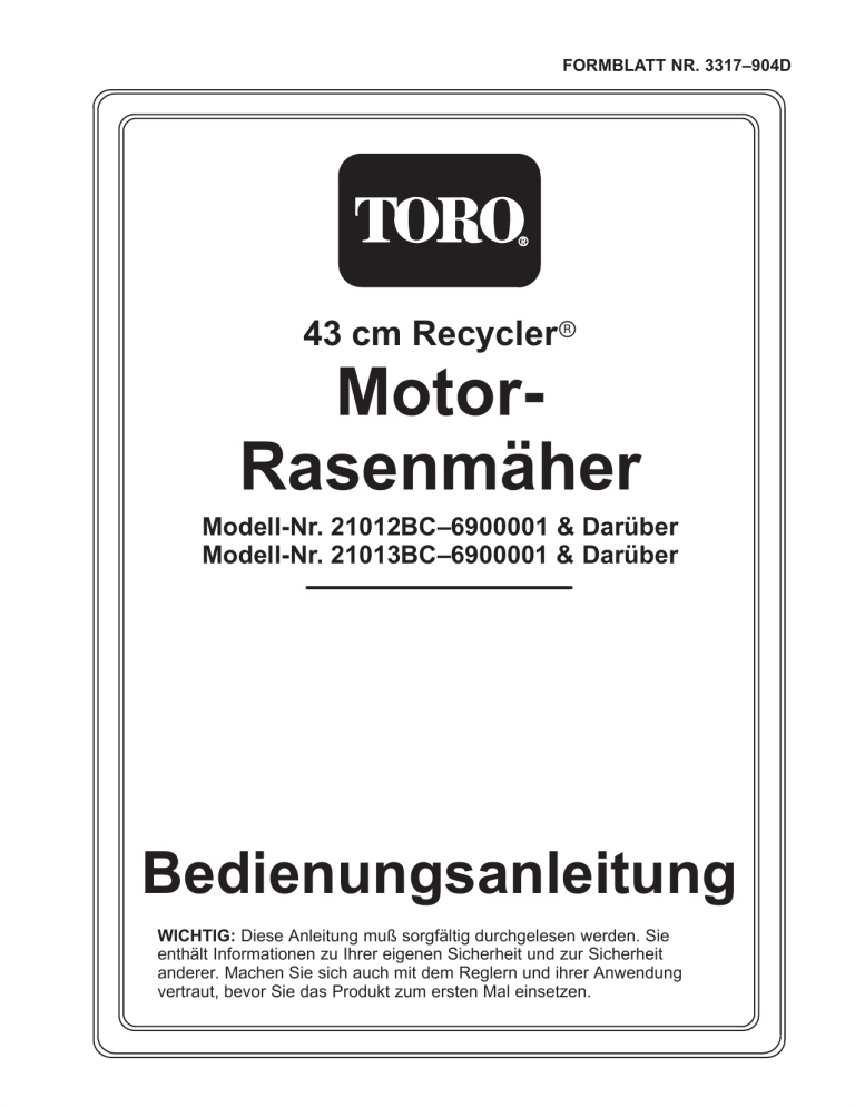 Toro 43cm Recycler/Rear-Bagging Lawnmower User manual Toro 43cm Recycler/Rear-Bagging Lawnmower User manual