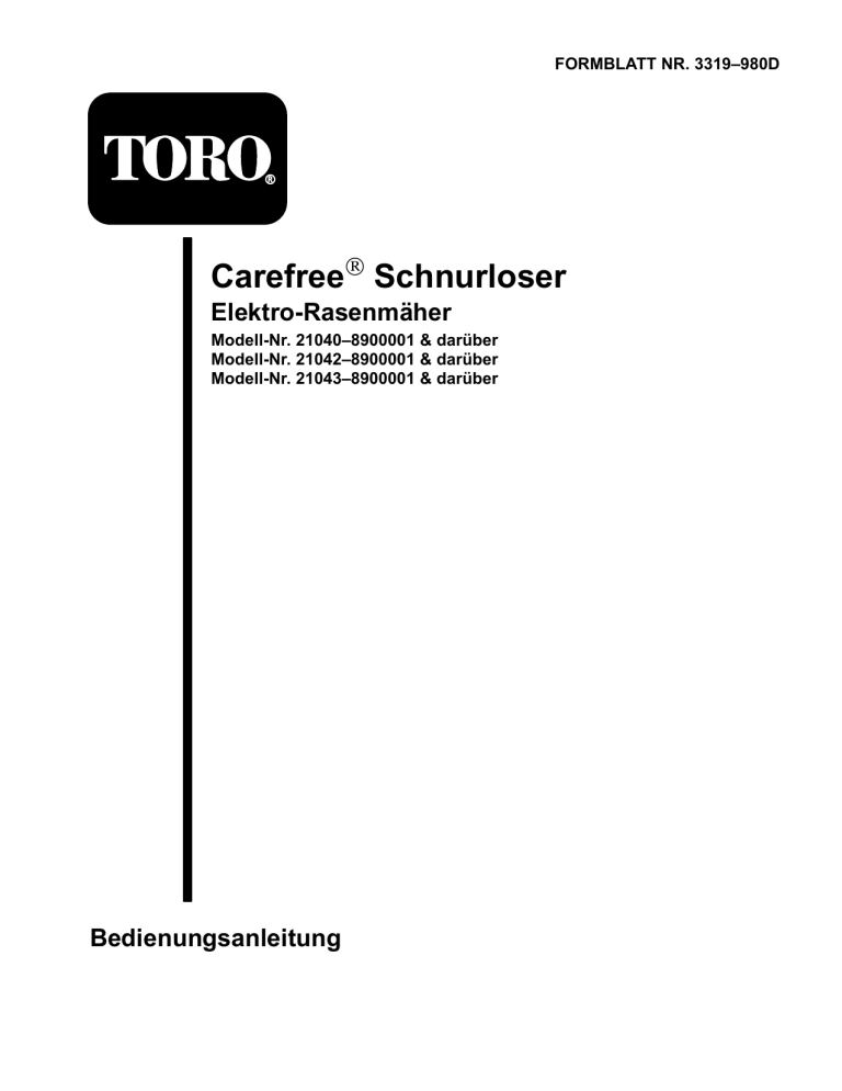 Toro Battery Mower, Swiss User manual Toro Battery Mower, Swiss User manual