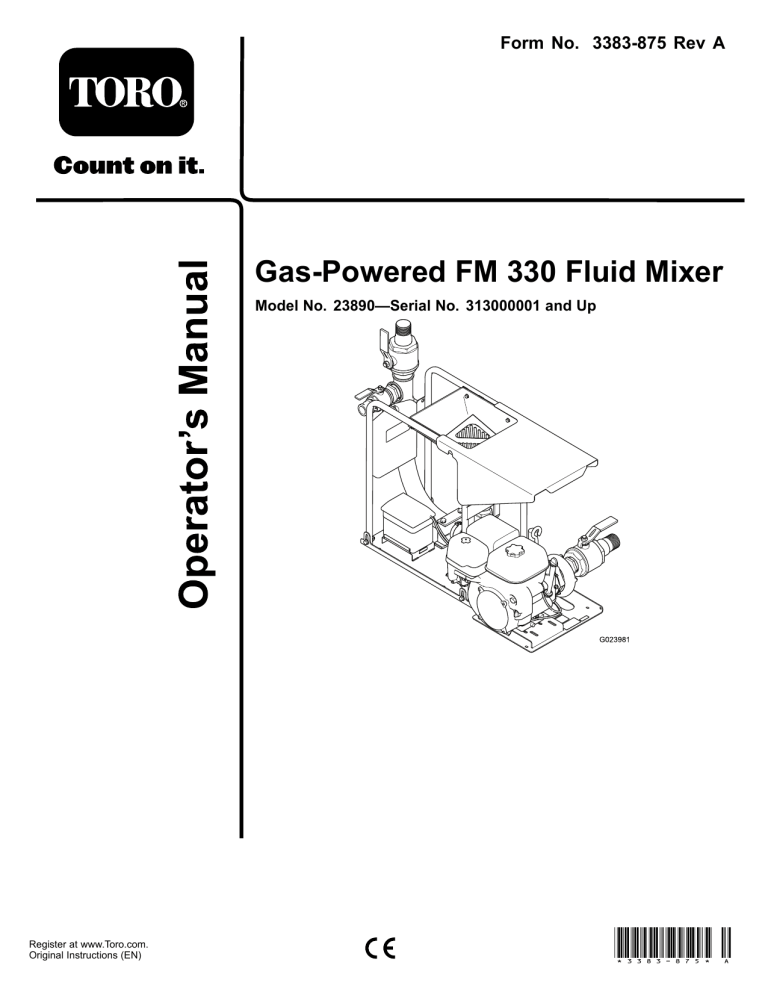 Toro Gas-Powered FM 330 Fluid Mixer User manual Toro Gas-Powered FM 330 Fluid Mixer User manual