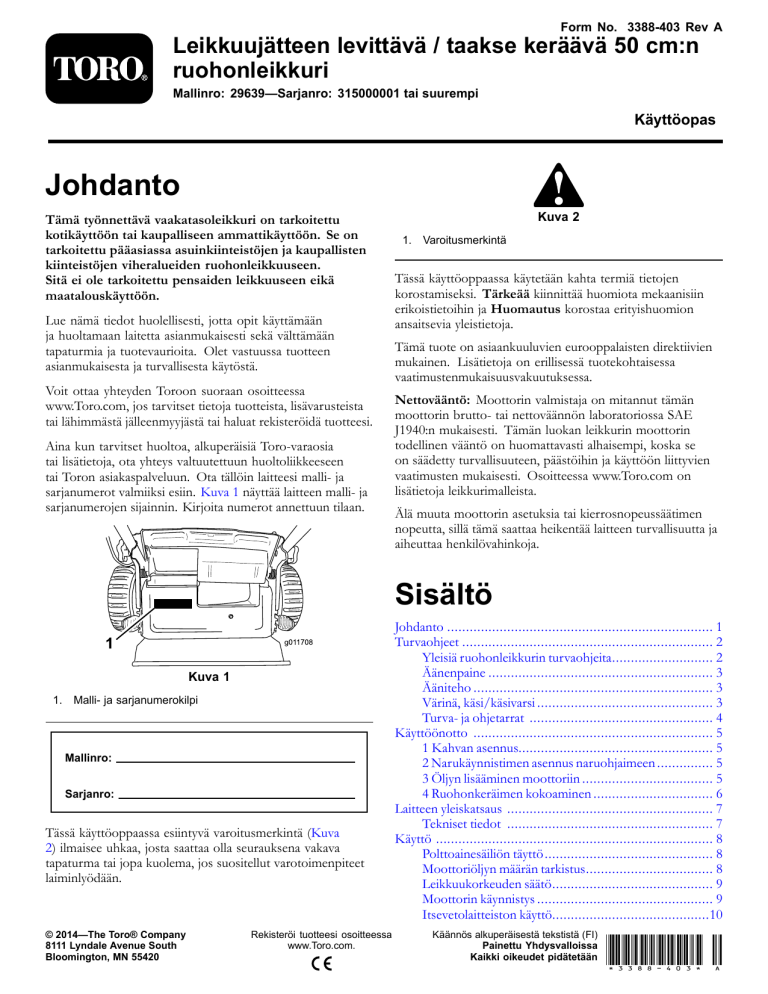 Toro 50cm Mulching/Rear Bagging Lawn Mower User manual Toro 50cm Mulching/Rear Bagging Lawn Mower User manual