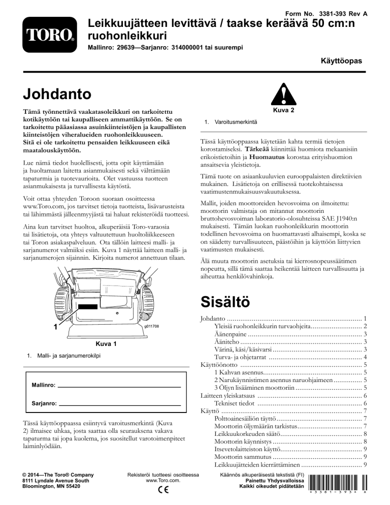 Toro 50cm Mulching/Rear Bagging Lawn Mower User manual Toro 50cm Mulching/Rear Bagging Lawn Mower User manual