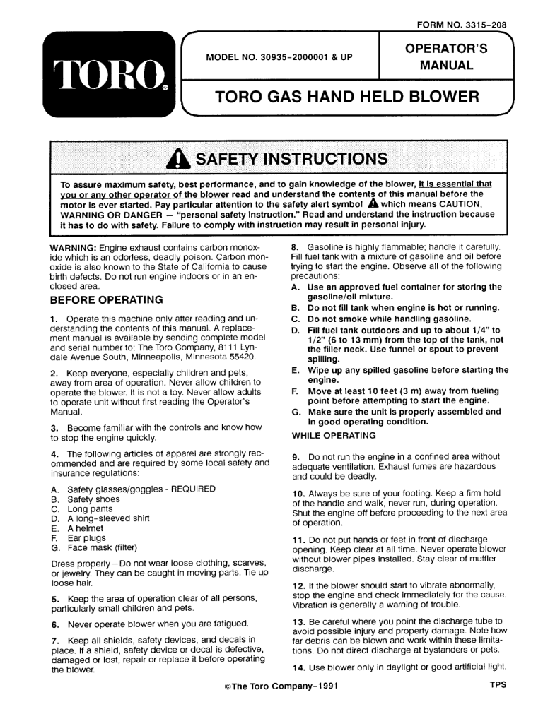Toro 20cc Hand Held Blower User manual Toro 20cc Hand Held Blower User manual
