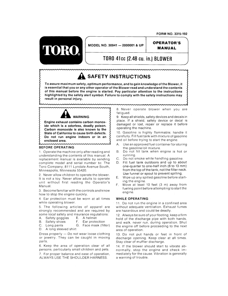 Toro 41cc Back Pack Blower User manual Toro 41cc Back Pack Blower User manual