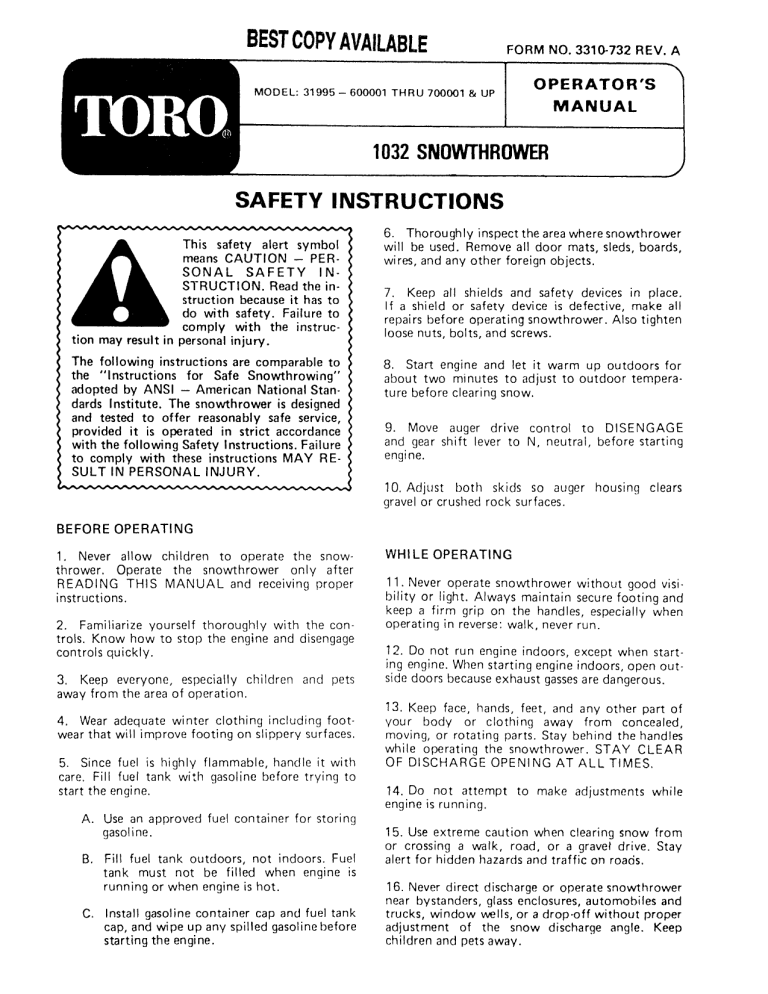Toro 1032 Snowthrower User manual Toro 1032 Snowthrower User manual