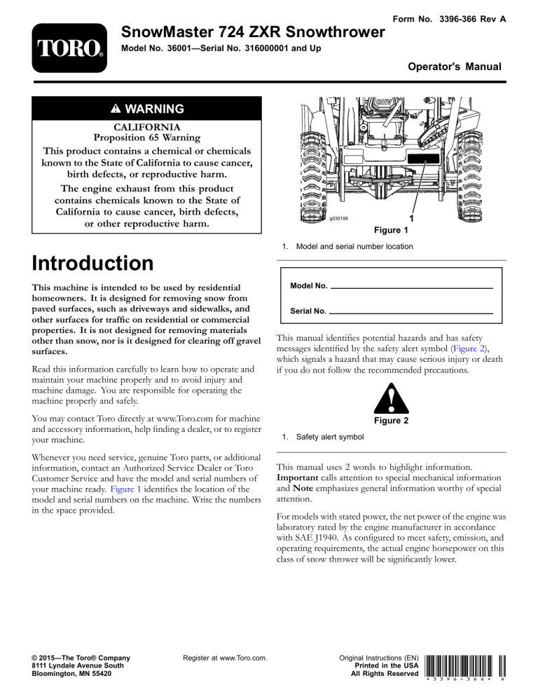 Toro 36003, 36002, 36001, SnowMaster 824 QXE, SnowMaster 724 QXE, SnowMaster 724 ZXR 36001, SnowMaster 724 ZXR Snowthrower User manual Toro 36003, 36002, 36001, SnowMaster 824 QXE, SnowMaster 724 QXE, SnowMaster 724 ZXR 36001, SnowMaster 724 ZXR Snowthrower User manual