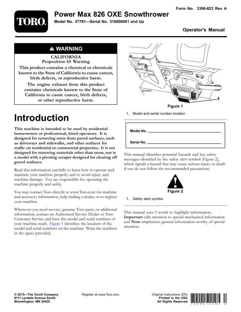 Toro 37781, Power Max 826 OXE Snowthrower User manual Toro 37781, Power Max 826 OXE Snowthrower User manual