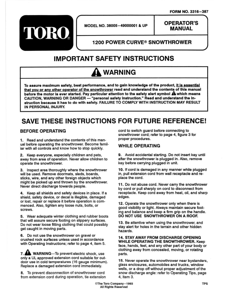 Toro 1200 Power Curve Snowthrower User manual Toro 1200 Power Curve Snowthrower User manual