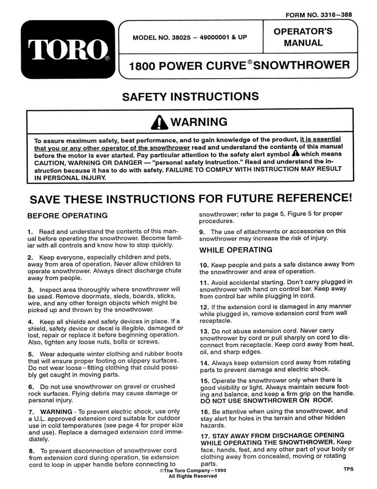 Toro 1800 Power Curve Snowthrower User manual Toro 1800 Power Curve Snowthrower User manual