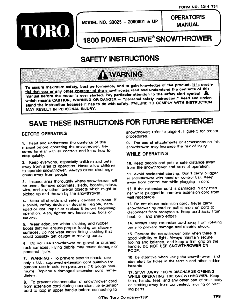 Toro 1800 Power Curve Snowthrower User manual Toro 1800 Power Curve Snowthrower User manual