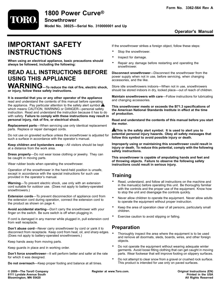 Toro 1800 Power Curve Snowthrower User manual Toro 1800 Power Curve Snowthrower User manual