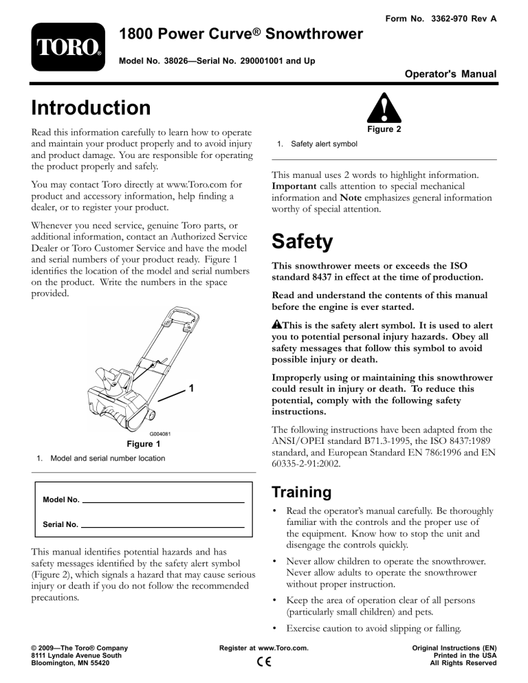 Toro 1800 Power Curve Snowthrower User manual Toro 1800 Power Curve Snowthrower User manual