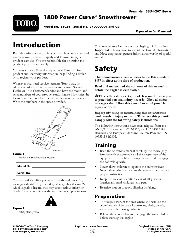 Toro 1800 Power Curve Snowthrower User manual Toro 1800 Power Curve Snowthrower User manual