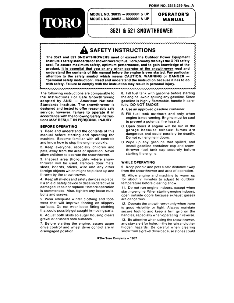 Toro 521 Snowthrower, 3521 Snowthrower User manual Toro 521 Snowthrower, 3521 Snowthrower User manual