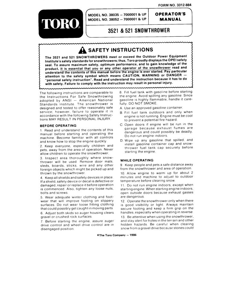 Toro 521 Snowthrower, 3521 Snowthrower User manual Toro 521 Snowthrower, 3521 Snowthrower User manual