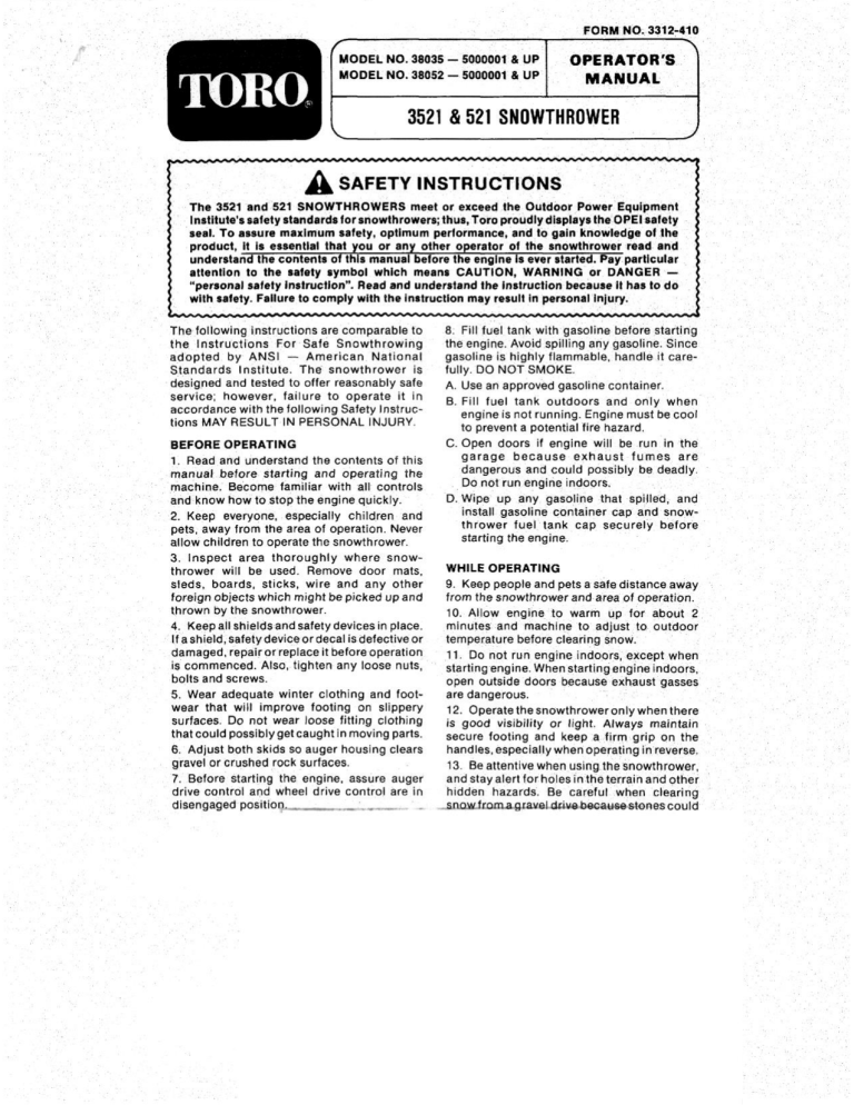 Toro 521 Snowthrower, 3521 Snowthrower User manual Toro 521 Snowthrower, 3521 Snowthrower User manual