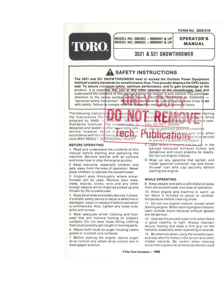 Toro 521 Snowthrower, 3521 Snowthrower User manual Toro 521 Snowthrower, 3521 Snowthrower User manual