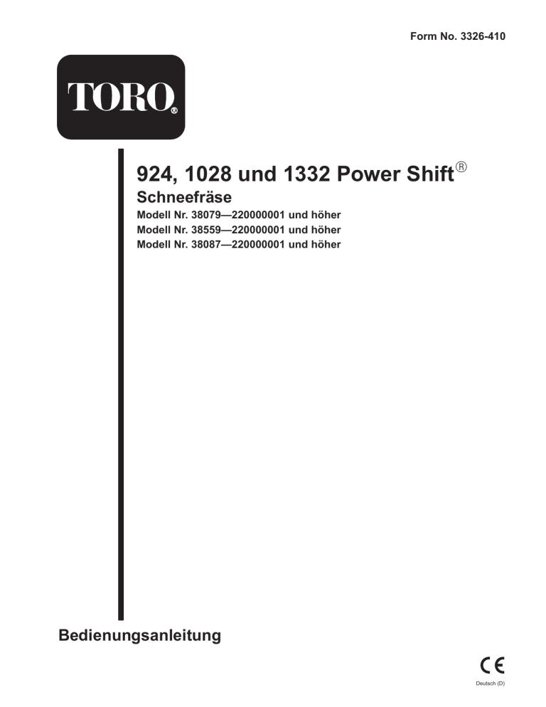 Toro 1332 Power Shift Snowthrower, 924 Power Shift Snowthrower, 1028 Power Shift Snowthrower User manual Toro 1332 Power Shift Snowthrower, 924 Power Shift Snowthrower, 1028 Power Shift Snowthrower User manual