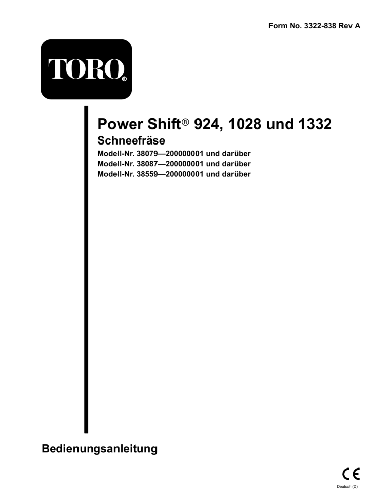 Toro 1332 Power Shift Snowthrower, 924 Power Shift Snowthrower, 1028 Power Shift Snowthrower User manual Toro 1332 Power Shift Snowthrower, 924 Power Shift Snowthrower, 1028 Power Shift Snowthrower User manual